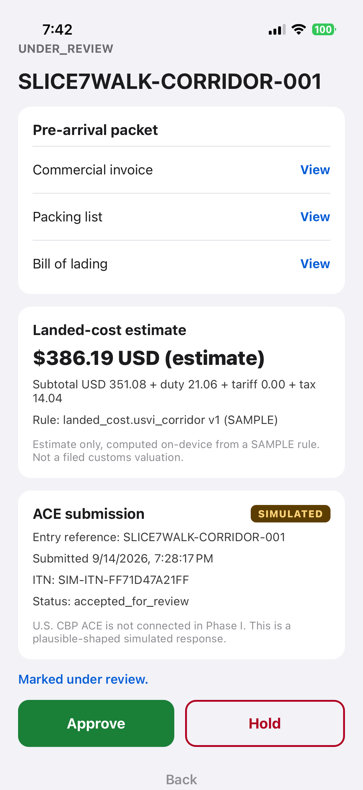 iPhone screen, shipment UNDER_REVIEW, showing a landed-cost estimate of $386.19 and a Simulated ACE submission with an entry reference, submission time, ITN, and status, plus Approve and Hold buttons.
