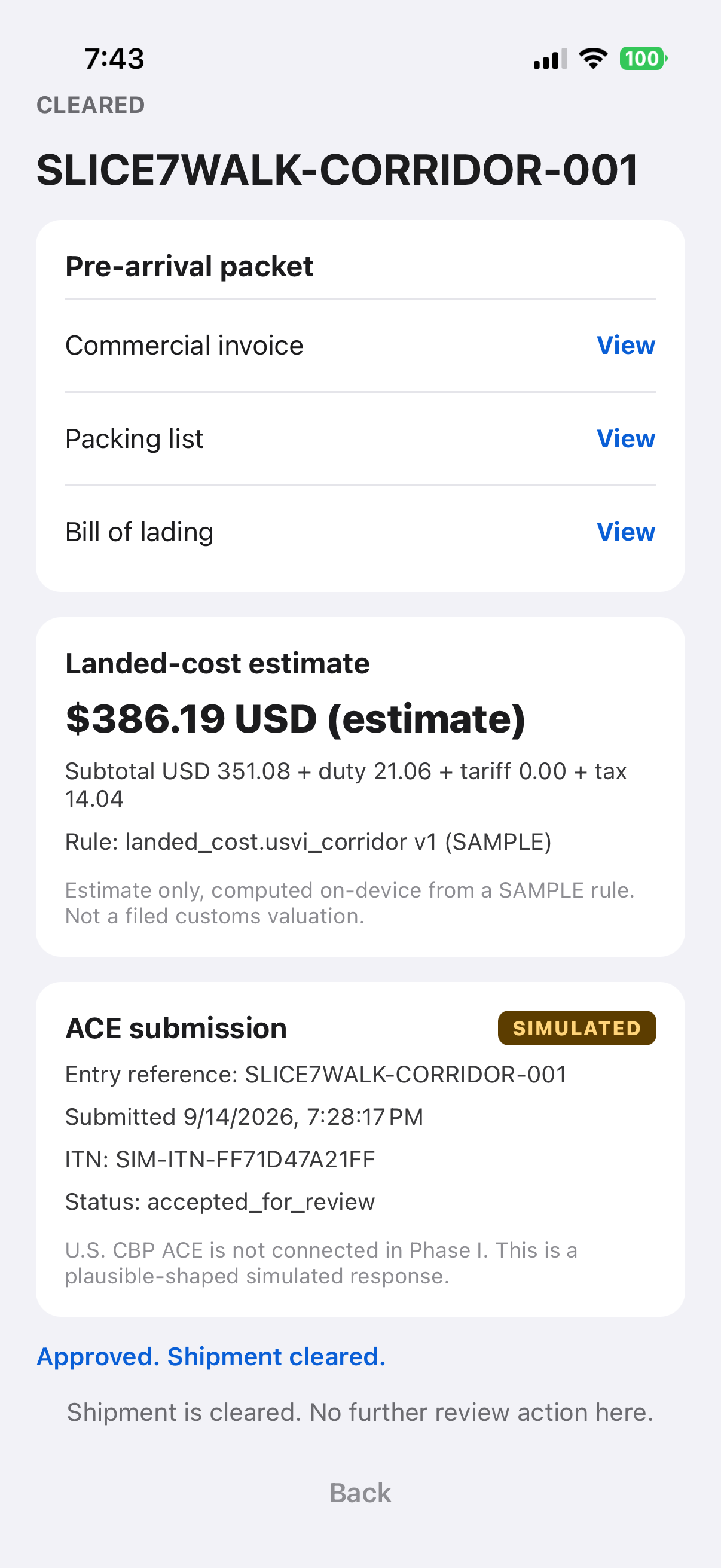 iPhone screen, shipment CLEARED, same packet and landed-cost estimate, with the message Approved, shipment cleared.