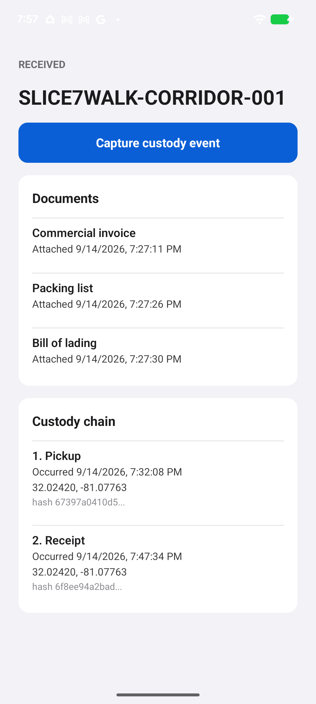 Android phone screen, shipment RECEIVED, showing the same three documents and a custody chain with two events: Pickup and Receipt, each with a timestamp, GPS coordinates, and a hash.